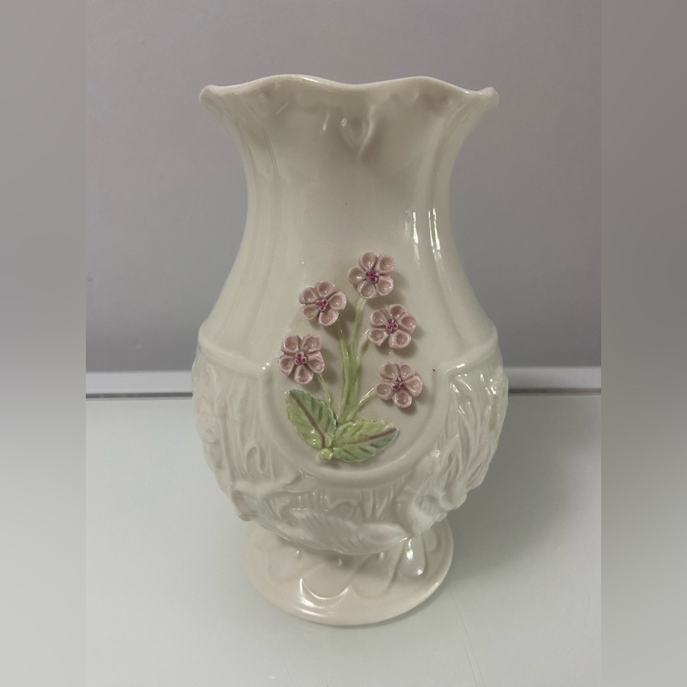 Belleek Cream Vase with Pink Floral Design